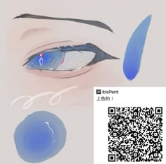 an image of a person's eye with blue paint on it and a qr code