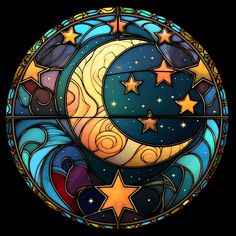 a circular stained glass window with stars and moon