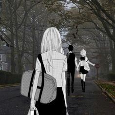 two people walking down the street with backpacks on their back and one person carrying a handbag