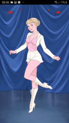 a woman in pink and white is dancing on stage with blue drapes behind her