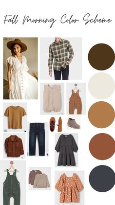 an image of clothing and accessories with the words fall morning color scheme on top of it