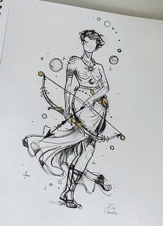 a drawing of a woman holding a bow and arrow with bubbles around her body on top of a white sheet