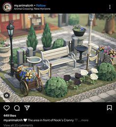 an animated image of a park bench with flowers and potted plants on the ground