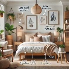 an image of a bedroom setting with furniture and plants on the wall, including bedding