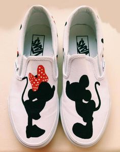 Mickey and minie mouse hand painted sneakers Hand Painted Sneakers, Minnie Mouse Silhouette, Easy Designs, Painted Sneakers, Disney Shoes, Mickey And Minnie Mouse, Hand Painted Shoes, Disney Diy