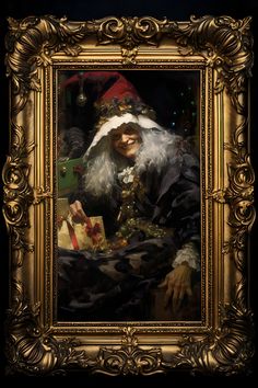 an oil painting of a man dressed as santa clause holding a box with presents in it