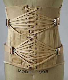 corsets with “fan” lacing!  Also known as camp corsets.    These were made so that it was possible for women to put on their corsets without the help of a maid (or someone else, in general).  Scarlett O’Hara could’ve slimmed herself down to 17 inches with one of these!    First: Berlei corset, ca. 1930.  From the NZ Museums. Antique Clothing, Historical Costume, Vintage Lingerie, Historical Fashion, Fashion History