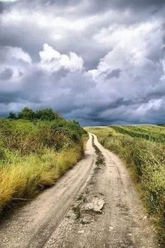 an empty dirt road in the middle of a grassy field with storm clouds above it