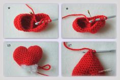 crocheted red heart with white ribbon being worked on by needle and thread in four different stages