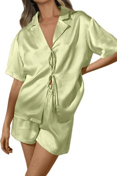 PRICES MAY VARY. Excellent quality: 97% Polyester+3% Spandex,breathable and thin fabric,which makes you feel soft and comfy and have a sound sleep.This fabric is more comfortable,smoother,soft than normal fabric. The tie front shorts sleeve women pajamas sets features unique closure-tie knot front,notch collar,short sleeve,shorts,elastic wasit,high waisted,silky smooth touch,relaxed fit.This silk satin short sleeve pajamas sets will bring out your natural elegance,while its delicate detail such Tops And Shorts, Outfits Unique, Bridesmaid Pyjamas, Pajamas Sets, Satin Short, Silk Pajama Set, Satin Pyjama Set, Short Sleeve Tops, Satin Pajamas