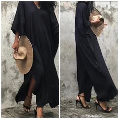 Great Boho Summer Dress, Or Cover Up A Must Have!! Stunning Color Black Measurement And Detail: One Size Length Of Dress: 46" Width Of Dress: 45" Bust 60"- 80 Chic Black V-neck Kaftan, Black Flowy Maxi-length Kaftan, Flowy Black Maxi Length Kaftan, Casual Black Kaftan With Kimono Sleeves, Casual Black Maxi Dress Beach Cover-up, Casual Black Maxi Kaftan, Casual Black Maxi Dress For Beach, Oversized Black Tunic For Beach, Oversized Black Tunic For The Beach