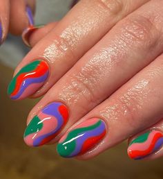 love a lil squiggly wave moment, me x . . . . . . . #nailart #nails #manchesternails #manchester #showscratch #nailitdaily #springnails… | Instagram Quirky Nails Short, Mid Length Nail Designs, Kaleidoscope Nails, Bright Almond Nails, Super Short Nail Designs, Squiggly Nails, Fun Nail Ideas, Abstract Nails, Art Deco Nails