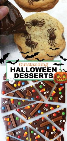 halloween desserts with chocolate and candy on the top, and an image of spider web cookies