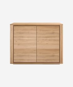 the sideboard is made out of wood and has two doors, one with an open drawer