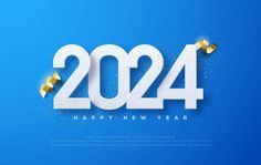 happy new year's card with numbers and gold confetti on blue background