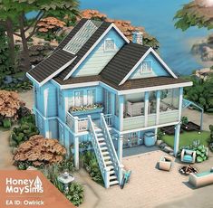 this is an artist's rendering of a blue house on the beach with stairs leading up to it