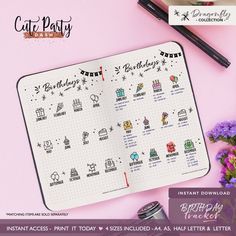 an open planner with stickers on it next to some flowers and other items in the background