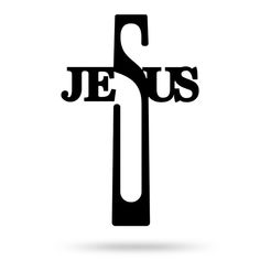 a black and white cross with the word jesus on it