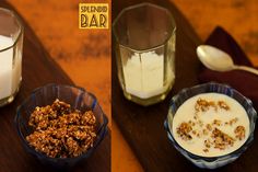 two pictures of yogurt, granola and milk