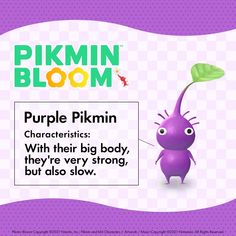 a purple cartoon character holding a green leaf in front of a sign that says, purple bloom