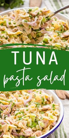 tuna pasta salad in a bowl with a green banner