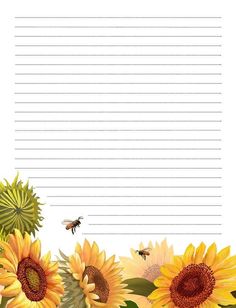 sunflowers and bees with lined paper for writing