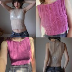 three pictures of a woman wearing a pink knitted top and jeans with her hands on her hips