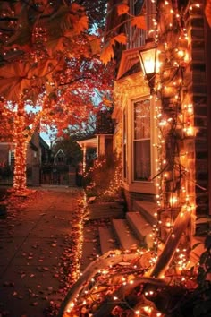 a house with christmas lights on the front porch