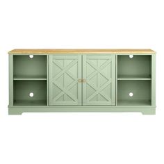 the sideboard is painted green and has two doors on each side, one door open