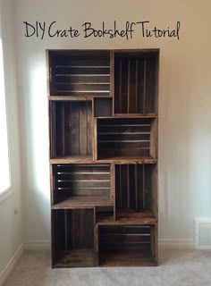 a book shelf made out of wooden crates