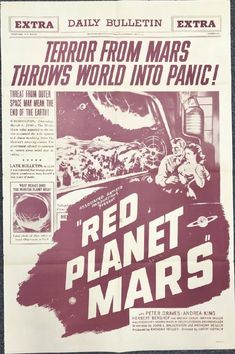 an old movie poster for the film red planet mars, with text that reads terrar from mars throws world into panic