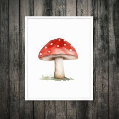 a red mushroom with white dots on it sitting on top of a wooden floor next to a