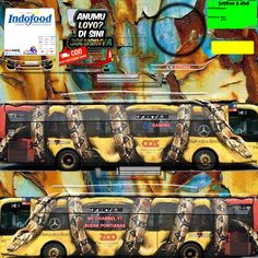 three buses are painted in different colors and designs