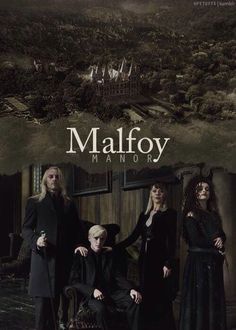 the poster for malfoy mancr with three people standing in front of a castle