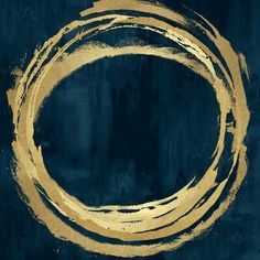 an abstract painting with gold paint on a dark blue background that looks like a circle