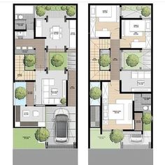 two story house plans with garage and living room in the middle, surrounded by trees