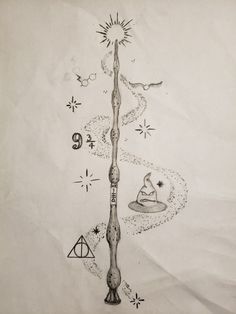 a pencil drawing of a magic wand with symbols around it and stars in the sky