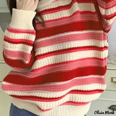 Olivia Mark - Color Block Drop Shoulder Sweater, Casual Long Sleeve Sweater For Fall & Winter, Women's Clothing Cute Pink Fits, Red Sweater Outfit, Crochet Sweater Design, Drop Shoulder Sweater, Pullover Outfit, Spring Sweater, Drop Shoulder Sweaters, Red Sweater, Round Neck Sweaters