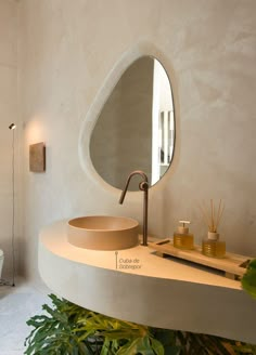 a bathroom with a sink, toilet and mirror on the wall next to potted plants