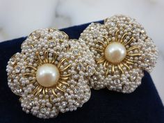 Vintage Beaded Flower Earrings - Rhinestones and White Faux Pearls, DeMario or Haskell Style Wedding Beaded Flower Earrings, Gold Jhumka, Gold Jhumka Earrings, Indian Jewelry Earrings, Classy Earrings, Gold Earrings Models, Antique Jewellery Designs, Fancy Jewellery Designs, Instagram Jewelry