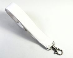 a white lanyard with a metal hook on it