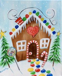 a painting of a gingerbread house in the snow with candy and lollipops