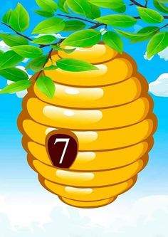 a beehive hanging from a tree branch with the number seven on it