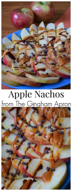 apple nachos with caramel drizzle on top and apples in the background