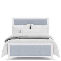 a bed with white sheets and pillows on top of it, against a white background