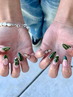 @nail.carebyclaire on instagram Transitioning to fall nail inspo, fall nail inspo, bloom gel nail art, green nails, croc nails, funky nail inspo Cool Trendy Nails, Nail Art On Clear Nails, Fall Nails Mix And Match, Chappell Roan Nail Ideas, Green Nails With Initial, Nails French Tips With Design, Green And Blue Nail Ideas, Green Charm Nails, Nail Designs Different On Each Nail