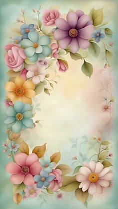 a painting of flowers on a blue and pink background with an empty space in the middle