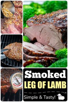 smoked leg of lamb on the grill with broccoli