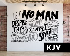 "\"Let no man despise thy youth; but be thou an example of the believers, in word, in conversation, in charity, in spirit, in faith, in purity.\" 1 Timothy 4:12 KJV Deck out your youth room, kids' wing, and more with this 1 Timothy 4:12 wall decal. This Bible verse wall decal is such a great way to set a tone and culture in your space that is grounded in truth. If you're looking into redecorating or remodeling your church or Sunday school rooms, Handled Shop decals are a fun and unique solution! Youth Room Church, Youth Ministry Room, Youth Group Rooms, Nursery Decals Girl, Kids Church Decor, 1 Timothy 4 12, Sunday School Rooms, Youth Rooms, School Decal