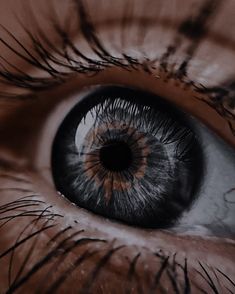 an eye is shown with long eyelashes and brown spots on the outside of its iris